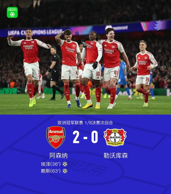 XbotGo丨阿森納2-0勒沃庫森總比分3-1晉級，埃澤、賴斯建功