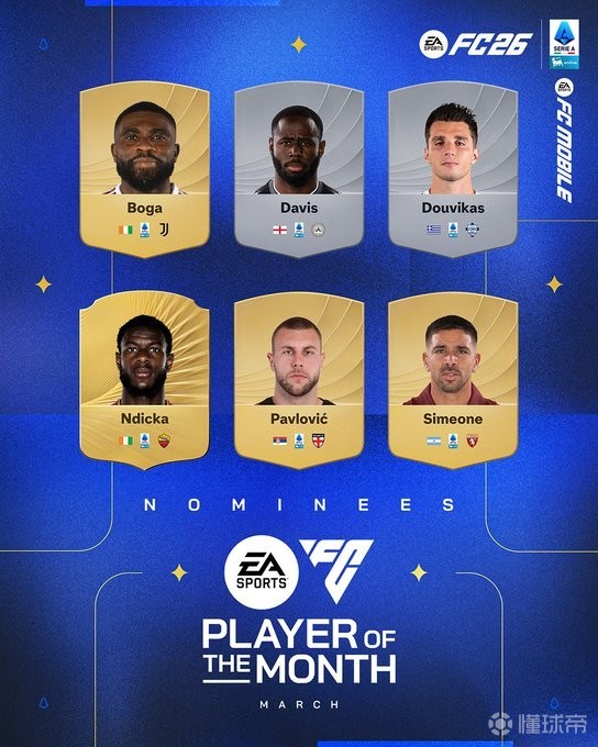 意甲3月最佳球員候選：博加、帕夫洛維奇、小西蒙尼在列